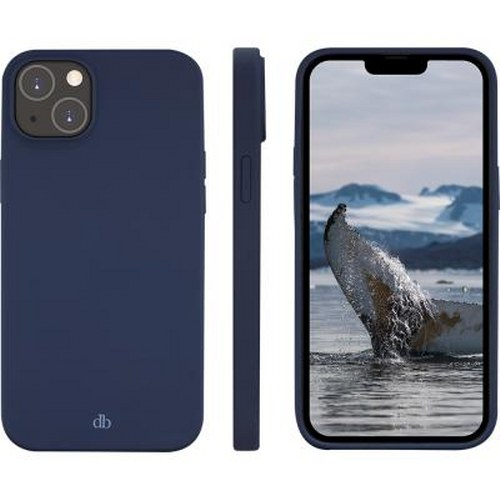 Tre viste di una custodia blu scuro, una con coda di balena sullo schermo.