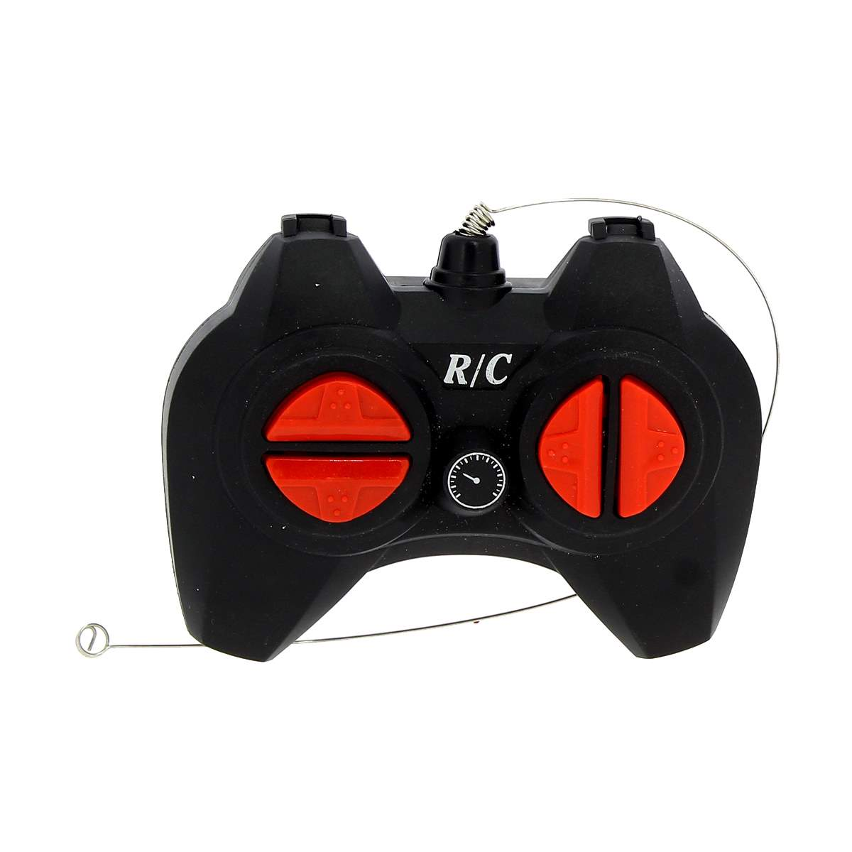 Control remoto RC negro con botones rojos y antena.