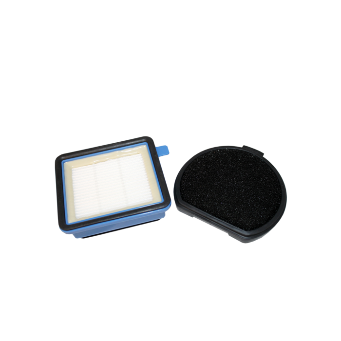 Un filtro blu rettangolare e un filtro in spugna nero rotondo sono uno accanto all'altro.