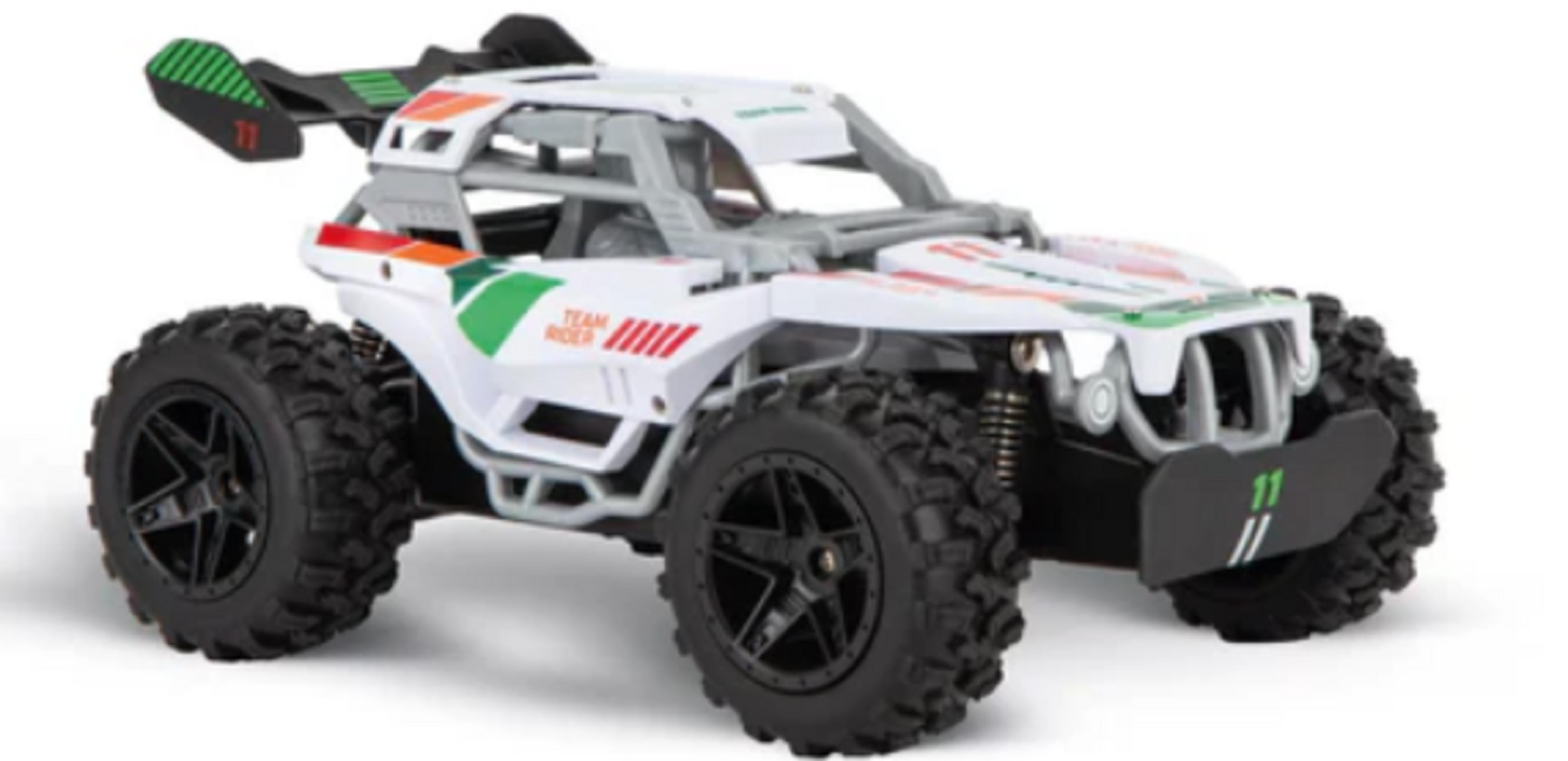 Un buggy RC blanco con grandes neumáticos negros y detalles verdes.