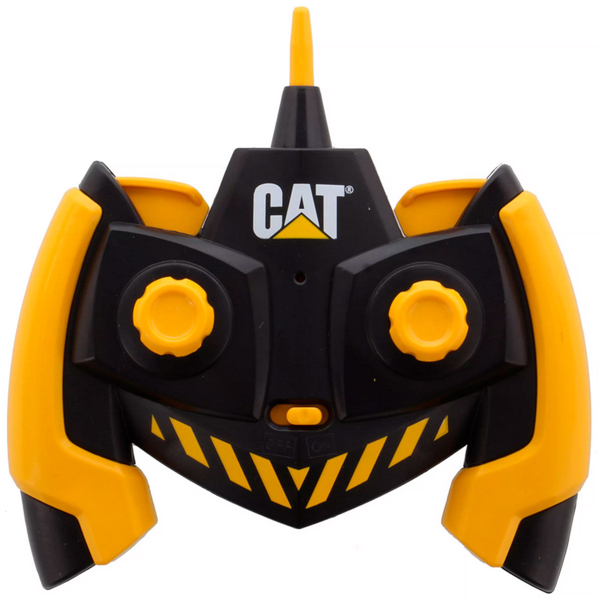 Control remoto CAT amarillo y negro con dos perillas y una antena.