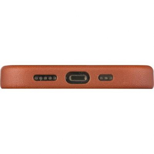 Vista inferiore di una cover marrone per telefono con porta di ricarica e fori.