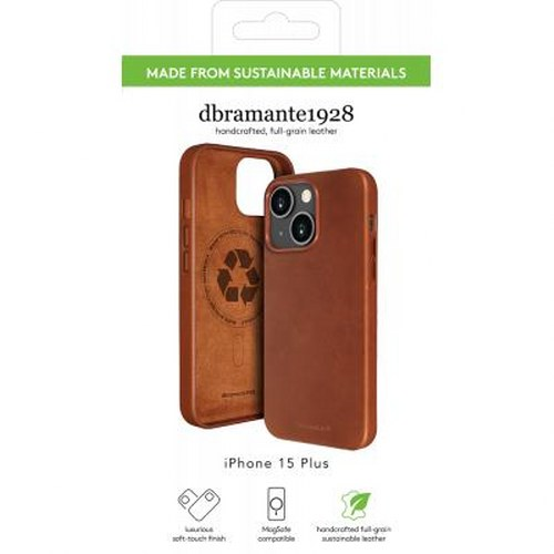 Custodie in pelle marrone per iPhone 15 Plus, realizzate con materiali sostenibili.