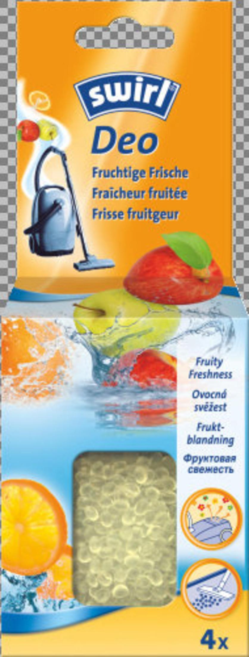 Confezione per Swirl Deo con frutta, aspirapolvere e perline profumate.