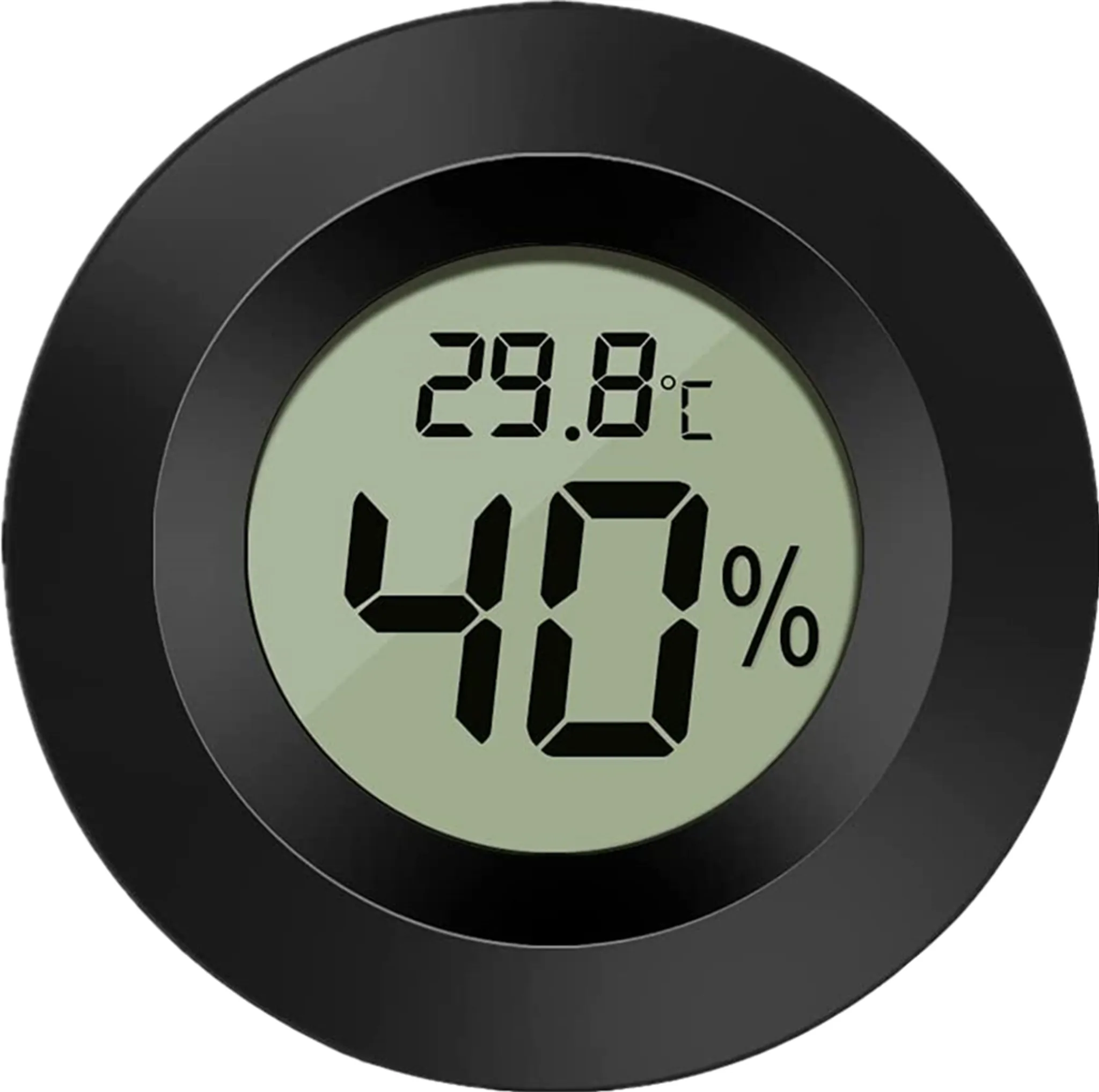 Digitales Thermometer zeigt 29,8°C und 40% Luftfeuchtigkeit an.