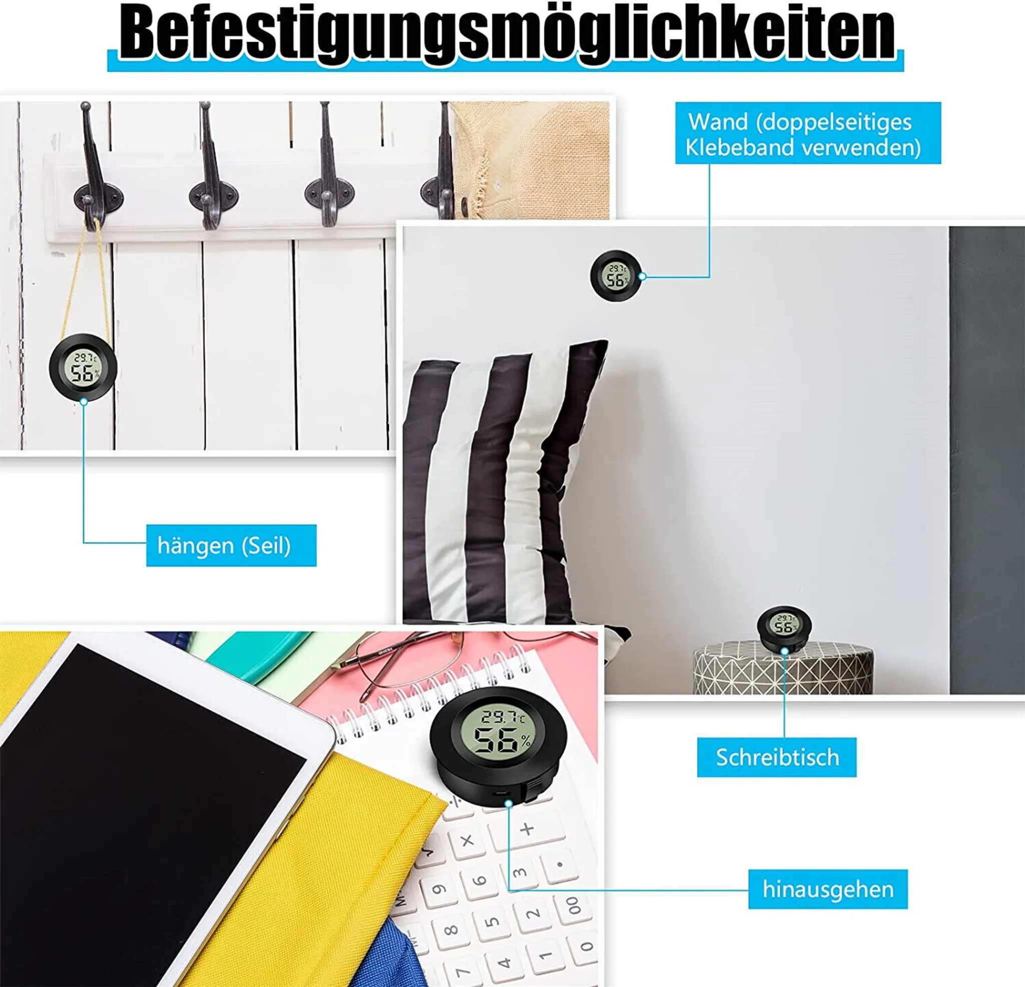Ein runder Digitalthermometer mit 29.7C und 56% wird auf verschiedenen Oberflächen gezeigt.