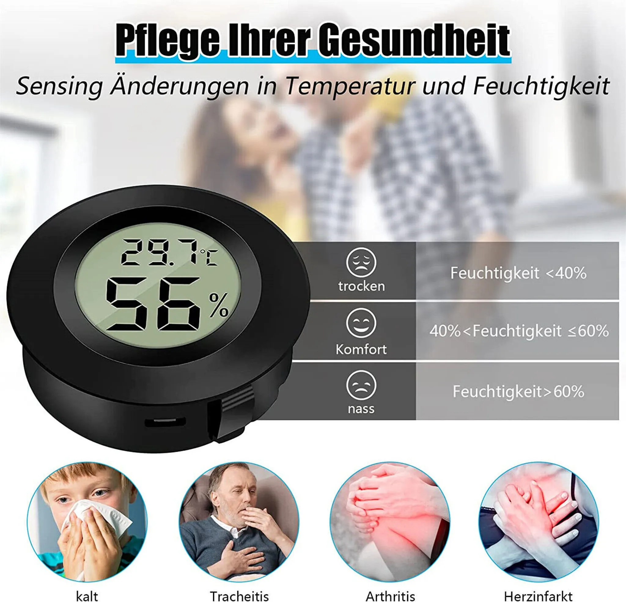Ein Hygrometer zeigt 29,7°C und 56% Luftfeuchtigkeit. daneben eine Tabelle und Bilder von Krankheiten.
