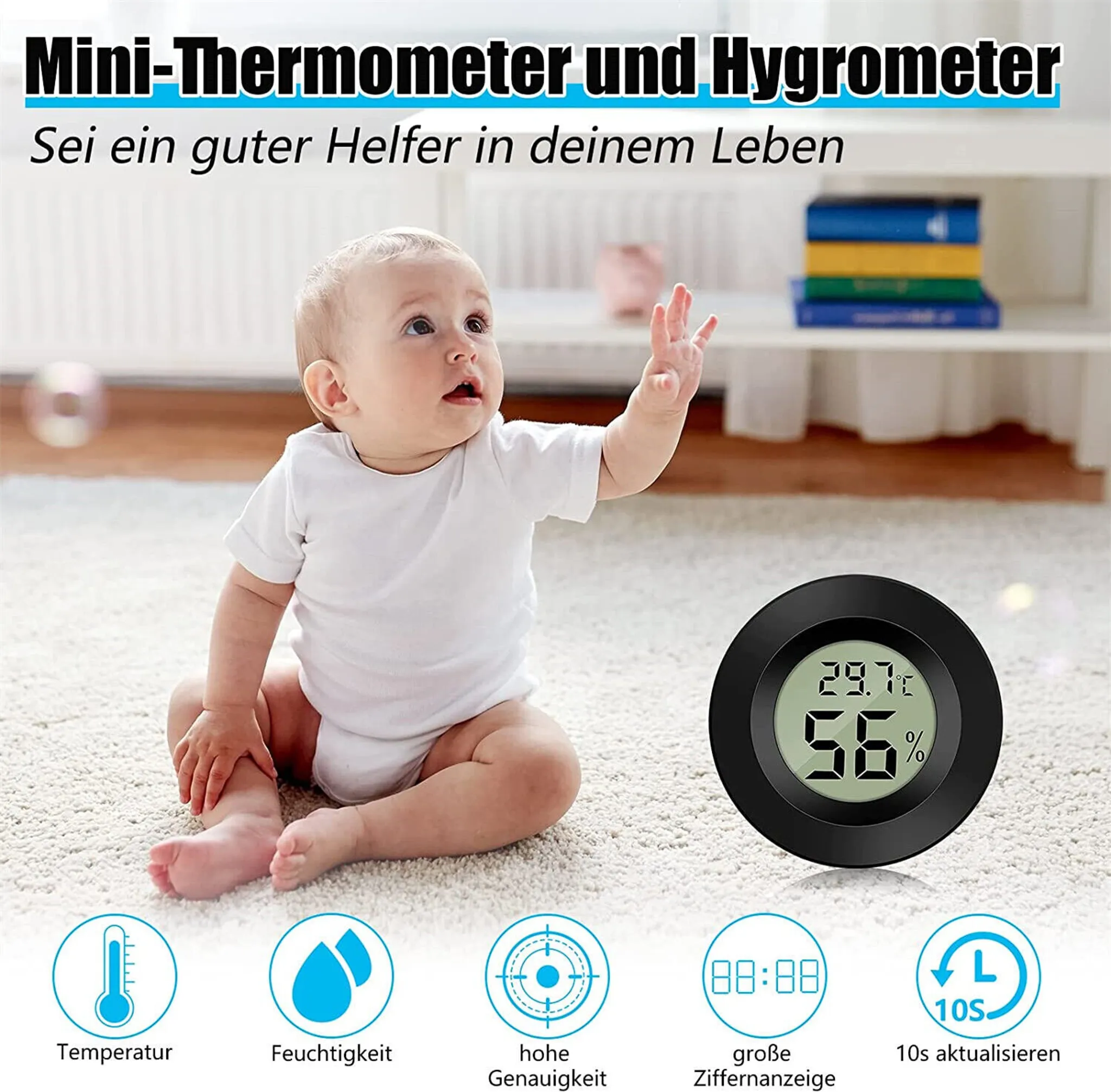 Baby auf einem Teppich neben einem digitalen Thermometer-Hygrometer.
