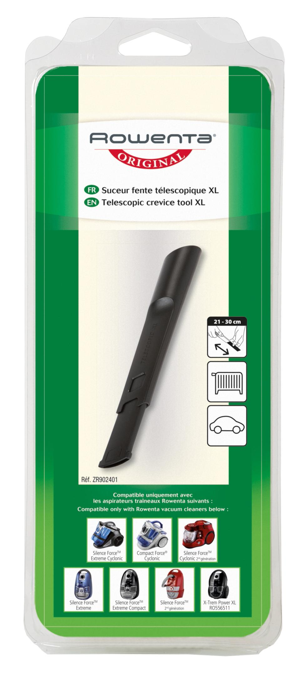 Rowenta Teleskop-Fugendüse XL in Verpackung mit passenden Staubsaugermodellen.