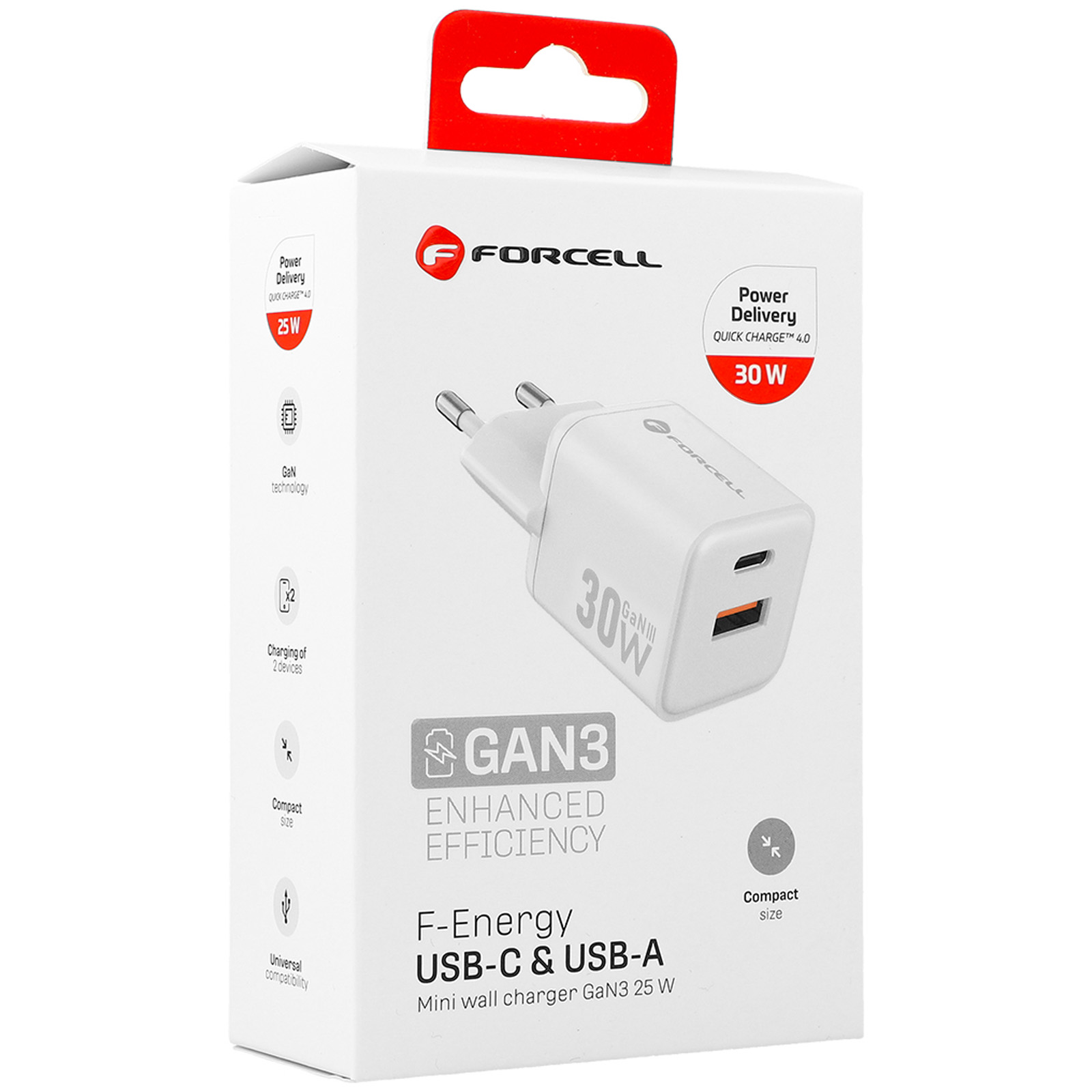 Scatola bianca con caricatore USB-C bianco da 30W a doppia porta.