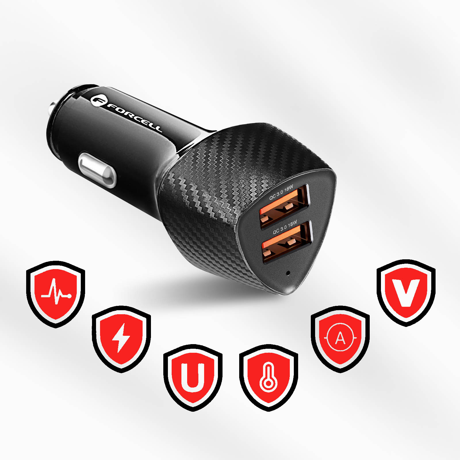 Caricabatterie per auto nero con due porte USB, motivo in fibra di carbonio, circondato da icone a scudo.