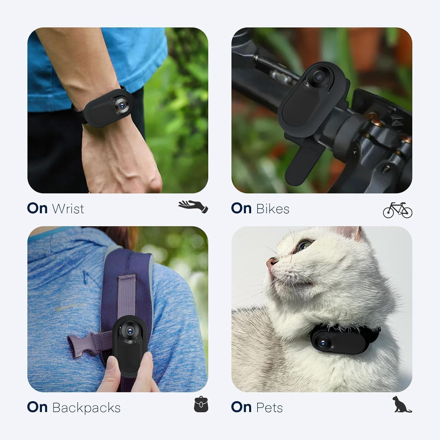 Kamera am Handgelenk, Fahrradlenker, Rucksack und am Halsband einer Katze.