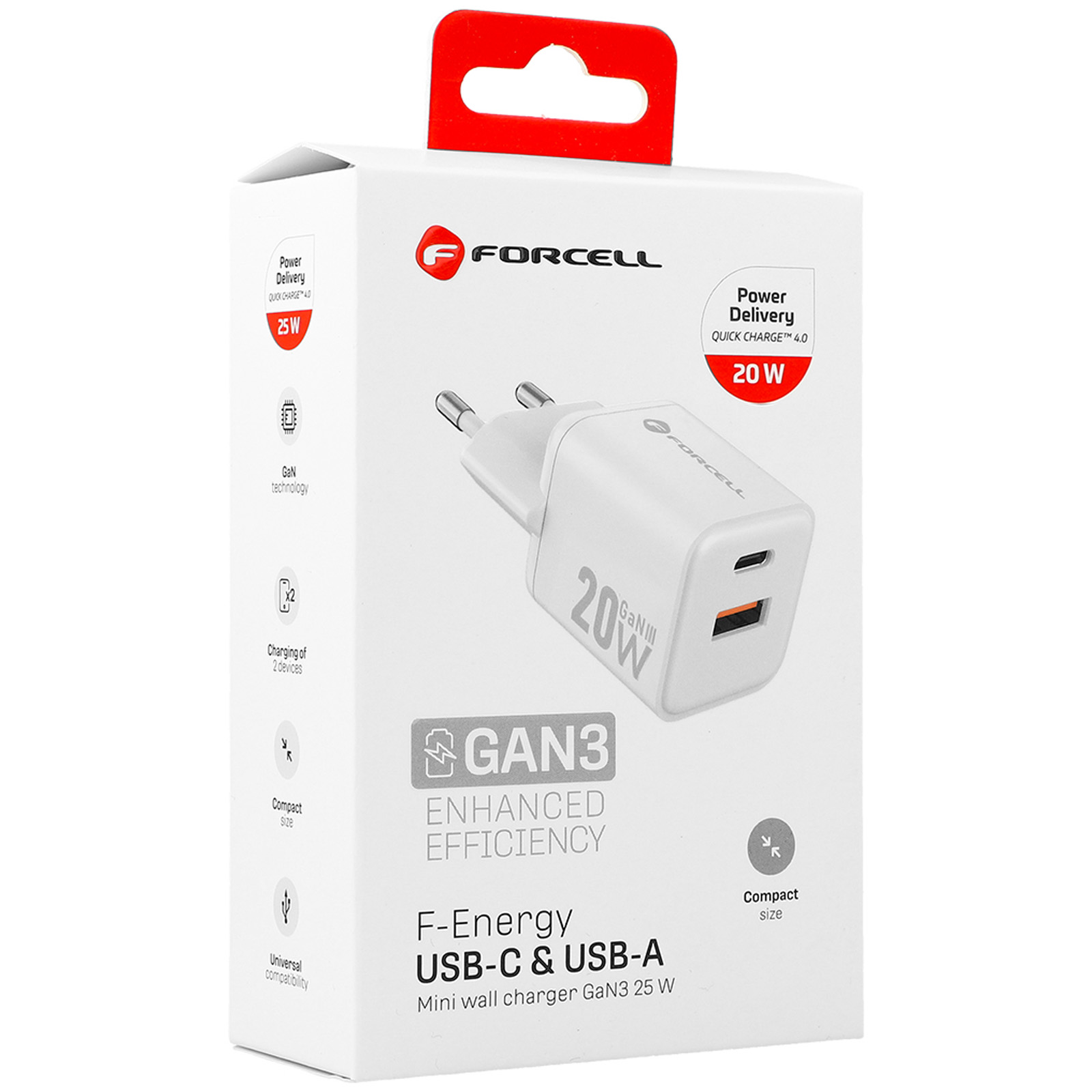 Confezione di un mini caricatore da muro Forcell GaN3 bianco da 20W con porte USB-C e USB-A.