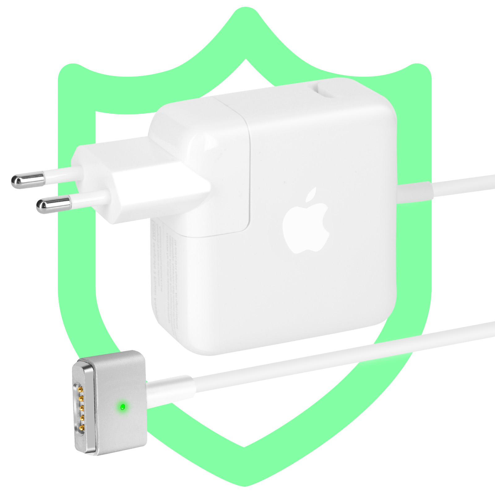 Un adattatore di ricarica MagSafe Apple bianco con spina europea e luce verde.