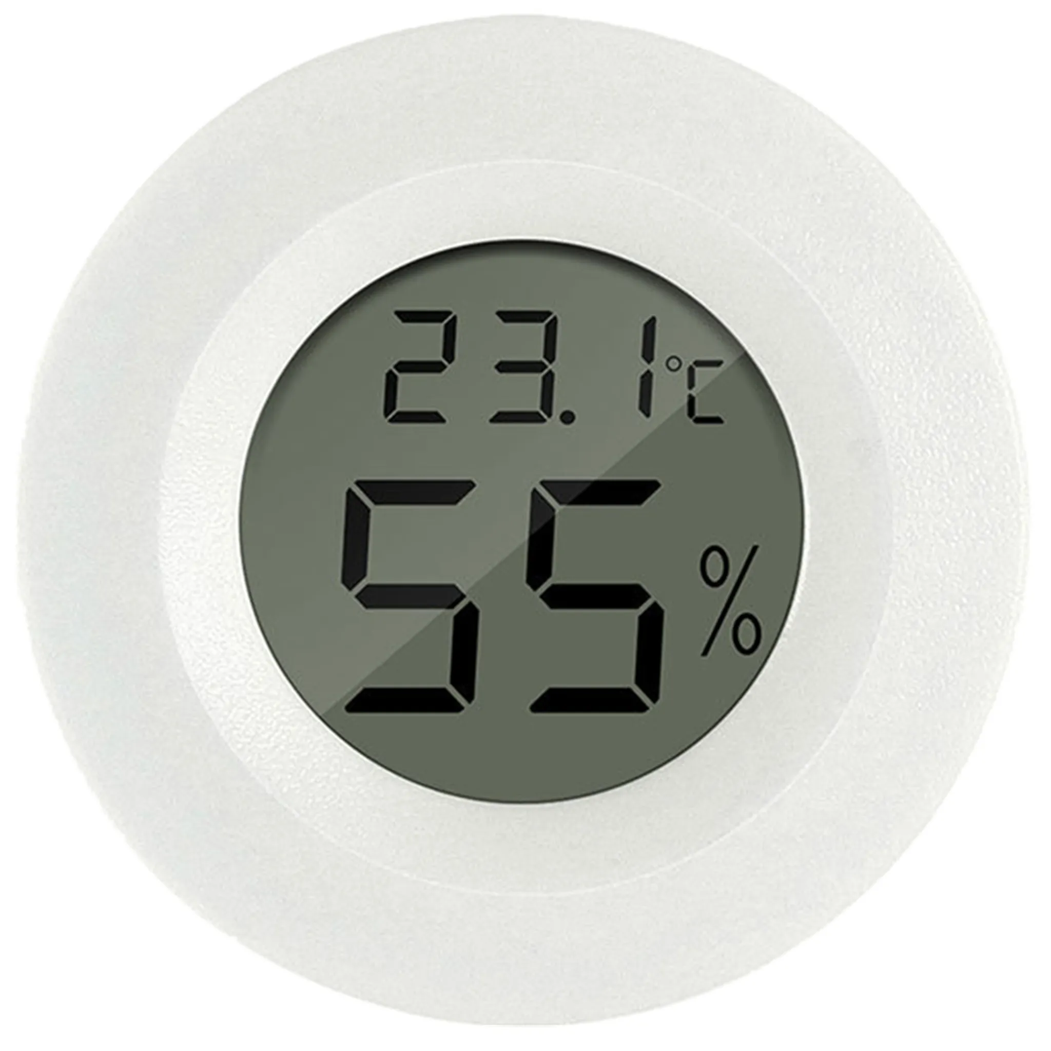 Ein weißer digitaler Thermometer-Hygrometer zeigt 23,1°C und 55% Luftfeuchtigkeit an.