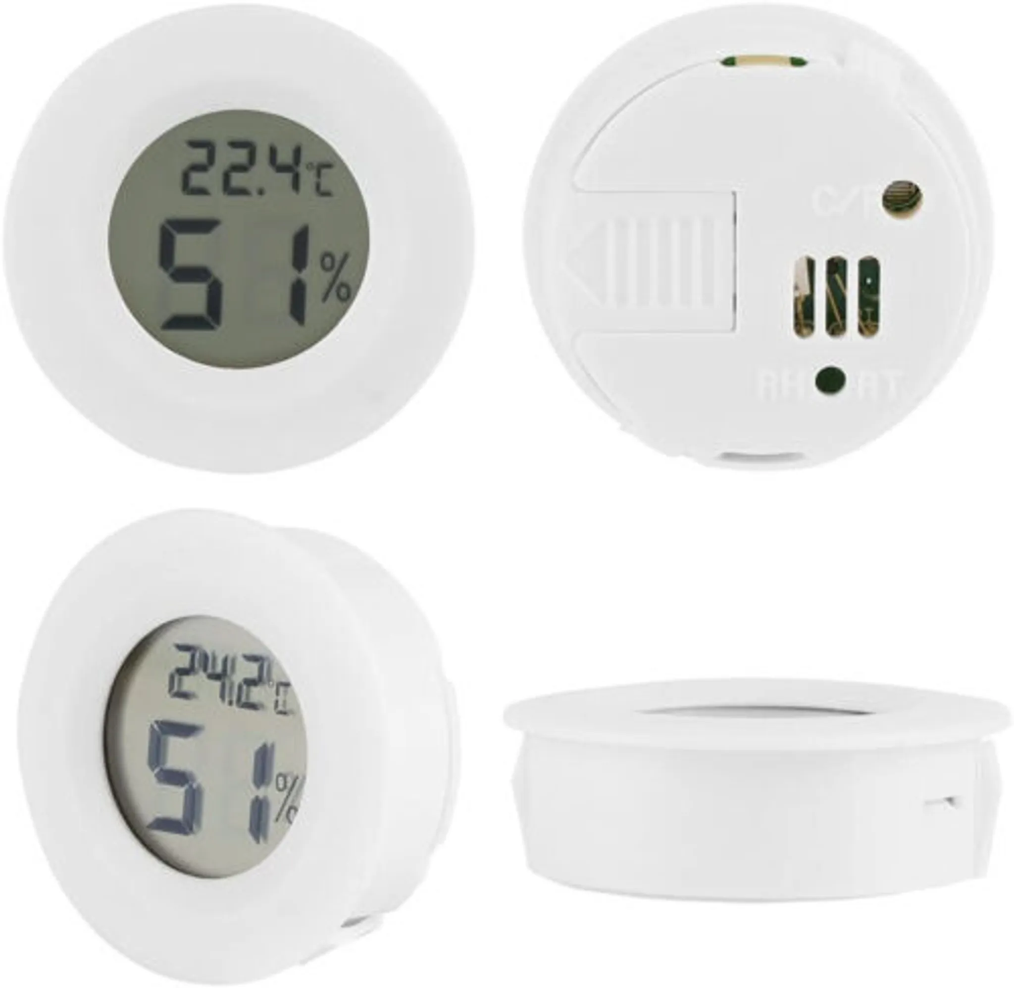 Weißes digitales Thermometer und Hygrometer zeigt 22,4 °C und 51 % Luftfeuchtigkeit.