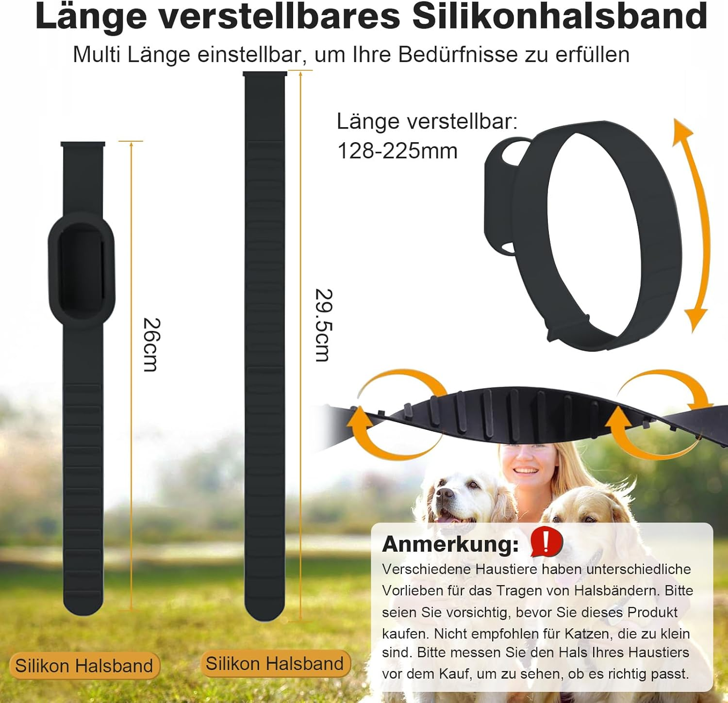 Zwei schwarze Silikonhalsbänder, eines 26cm, das andere 29.5cm lang.