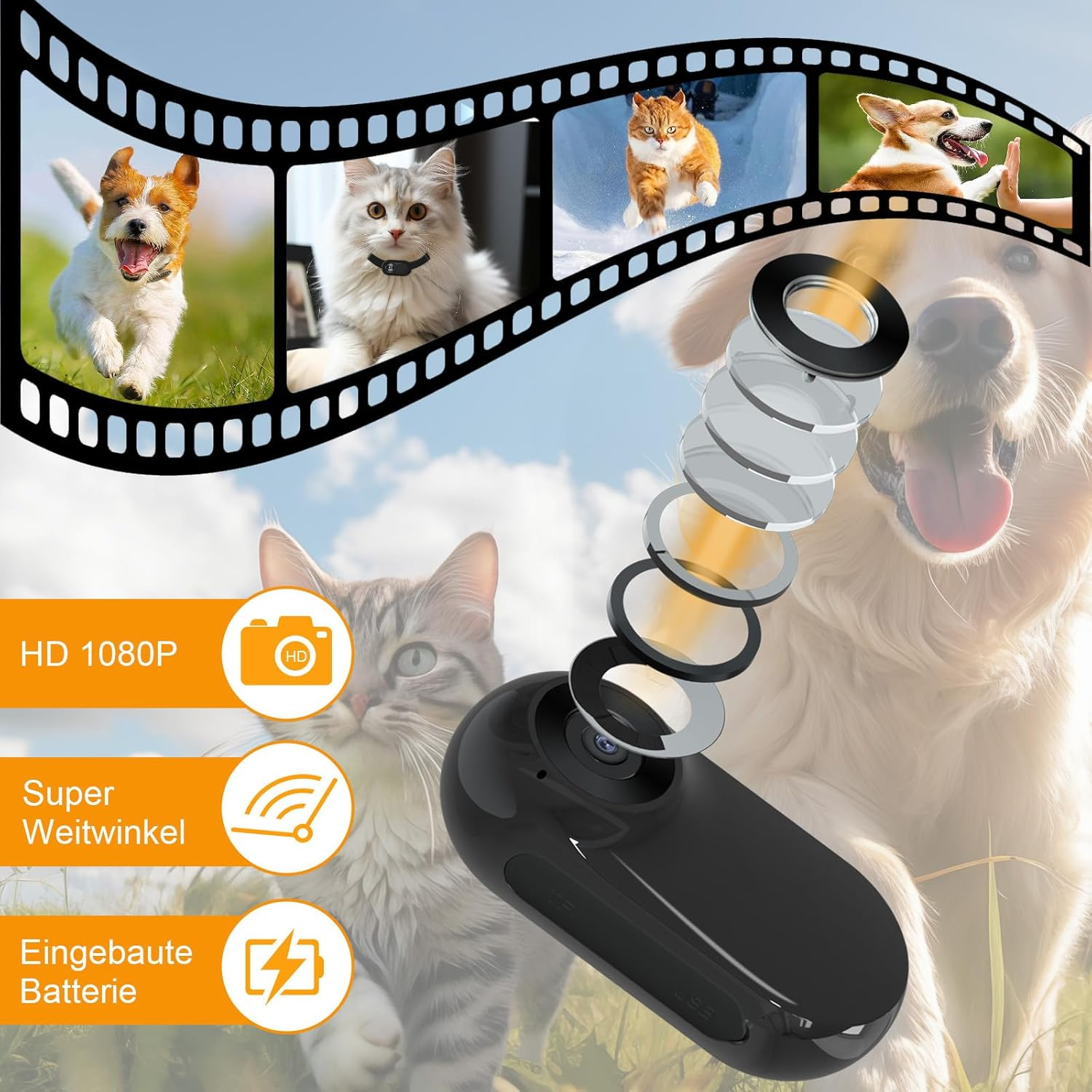 Ein schwarzer Mini-Camcorder mit aufgeschichteten Linsen vor einem Hund und einer Filmrolle mit Tierbildern.