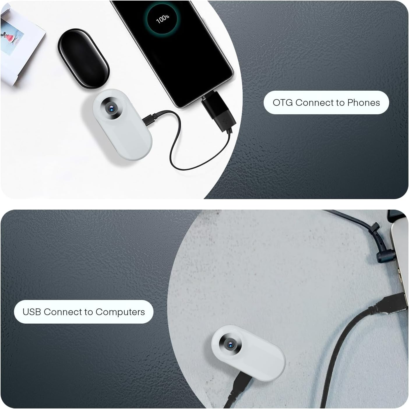 Ein weißes Gerät mit Kamera verbindet sich per USB mit einem Handy und einem Laptop.