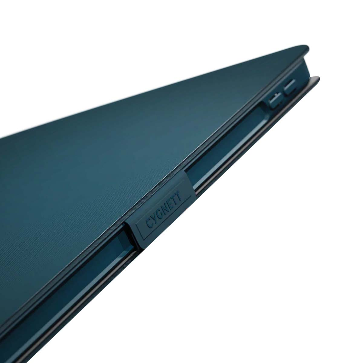 Primo piano di un supporto per tablet Cygnett blu petrolio su sfondo bianco.