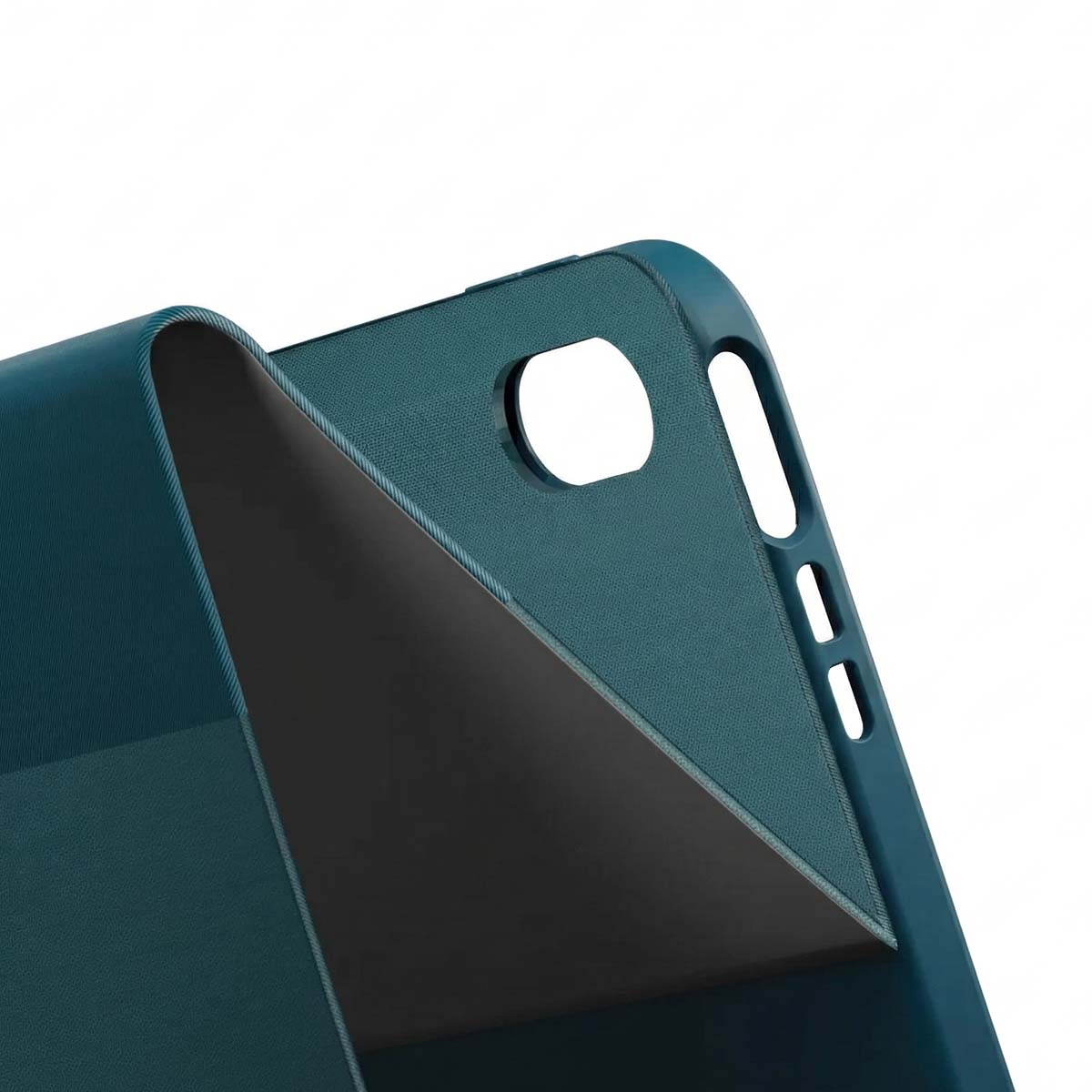 Custodia blu petrolio per tablet con ritagli per fotocamera e pulsanti, sfondo bianco.