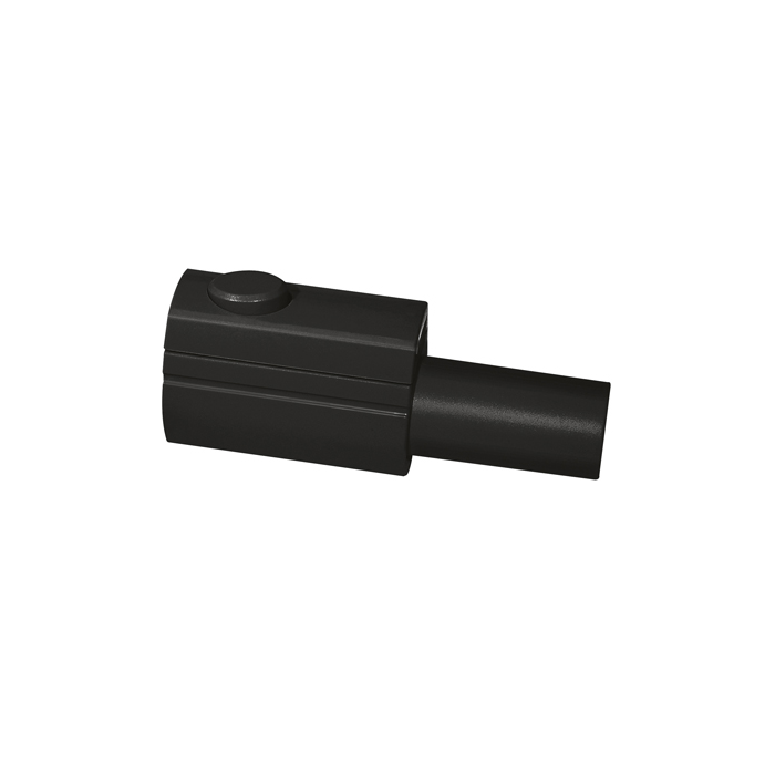 Pieza negra de Lego con un botón redondo arriba y un pin.
