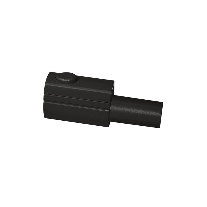 Componente negro con pasador cilíndrico y detalle de botón.