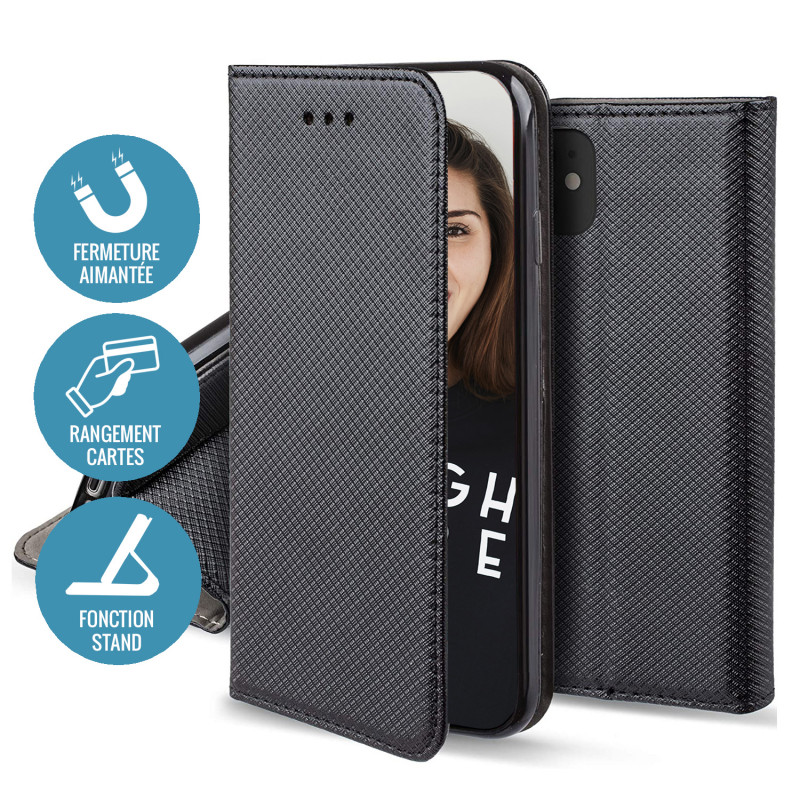 Custodia nera per telefono con porta carte e funzione stand.