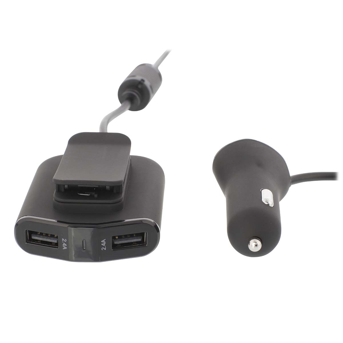 Due caricabatterie per auto neri con porte USB e cavi, su sfondo bianco.