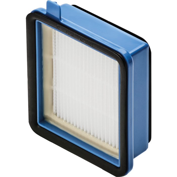 Un filtro rettangolare blu con elemento plissettato bianco e telaio di tenuta nero.