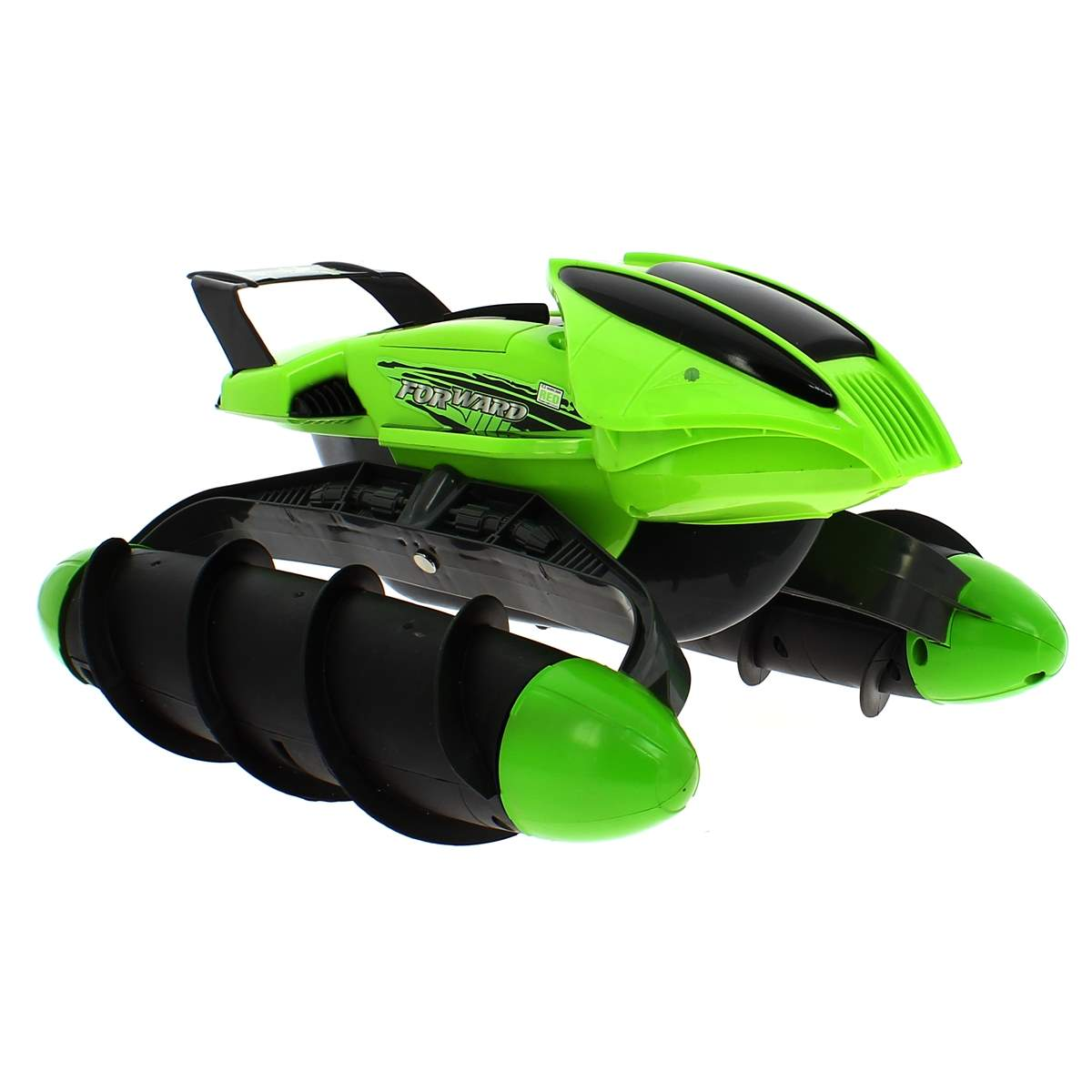 Un coche de juguete anfibio RC verde y negro con ruedas espirales grandes.