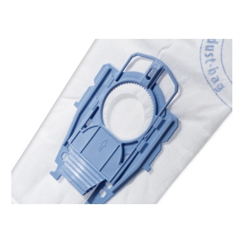 Un adaptador de plástico azul está unido a una bolsa de polvo blanca.