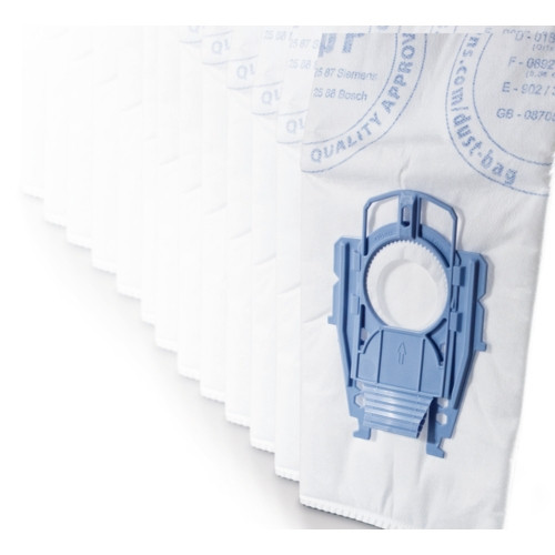 Bolsas blancas para aspiradora con conector azul, apiladas.