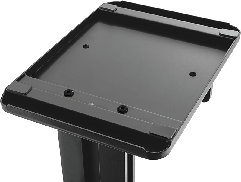 Soporte de metal negro con superficie plana rectangular y pies de goma.