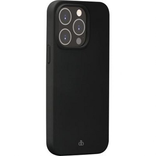Una cover nera per iPhone con rialzo fotocamera e piccolo logo db.
