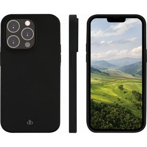 Cover nera per telefono vista da dietro, lato e fronte con schermo paesaggio.