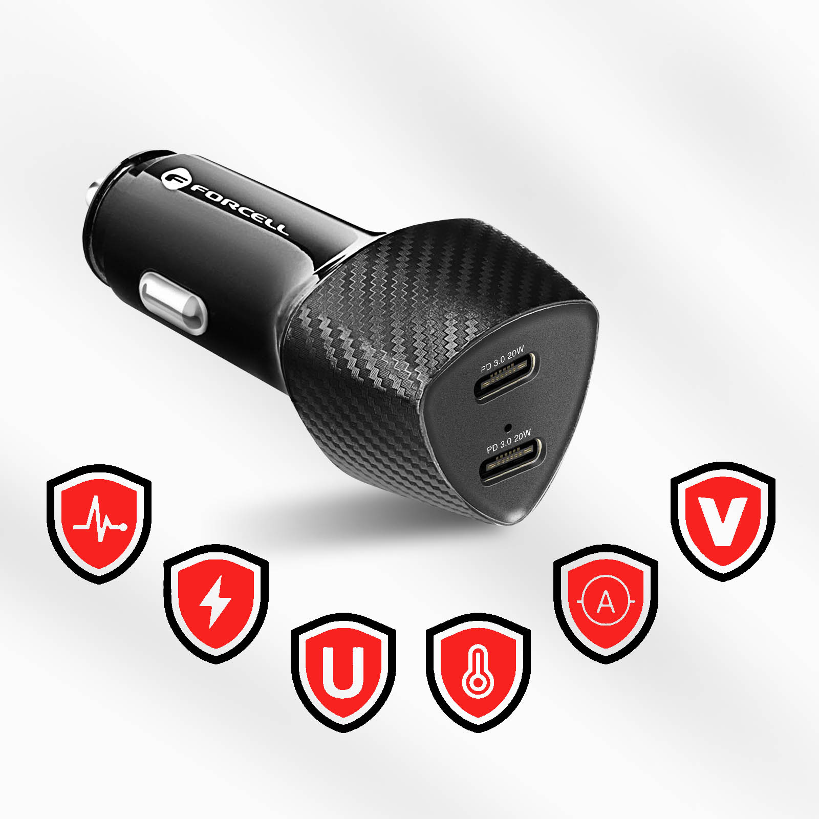 Un caricabatterie per auto nero con due porte USB-C, circondato da icone a scudo.