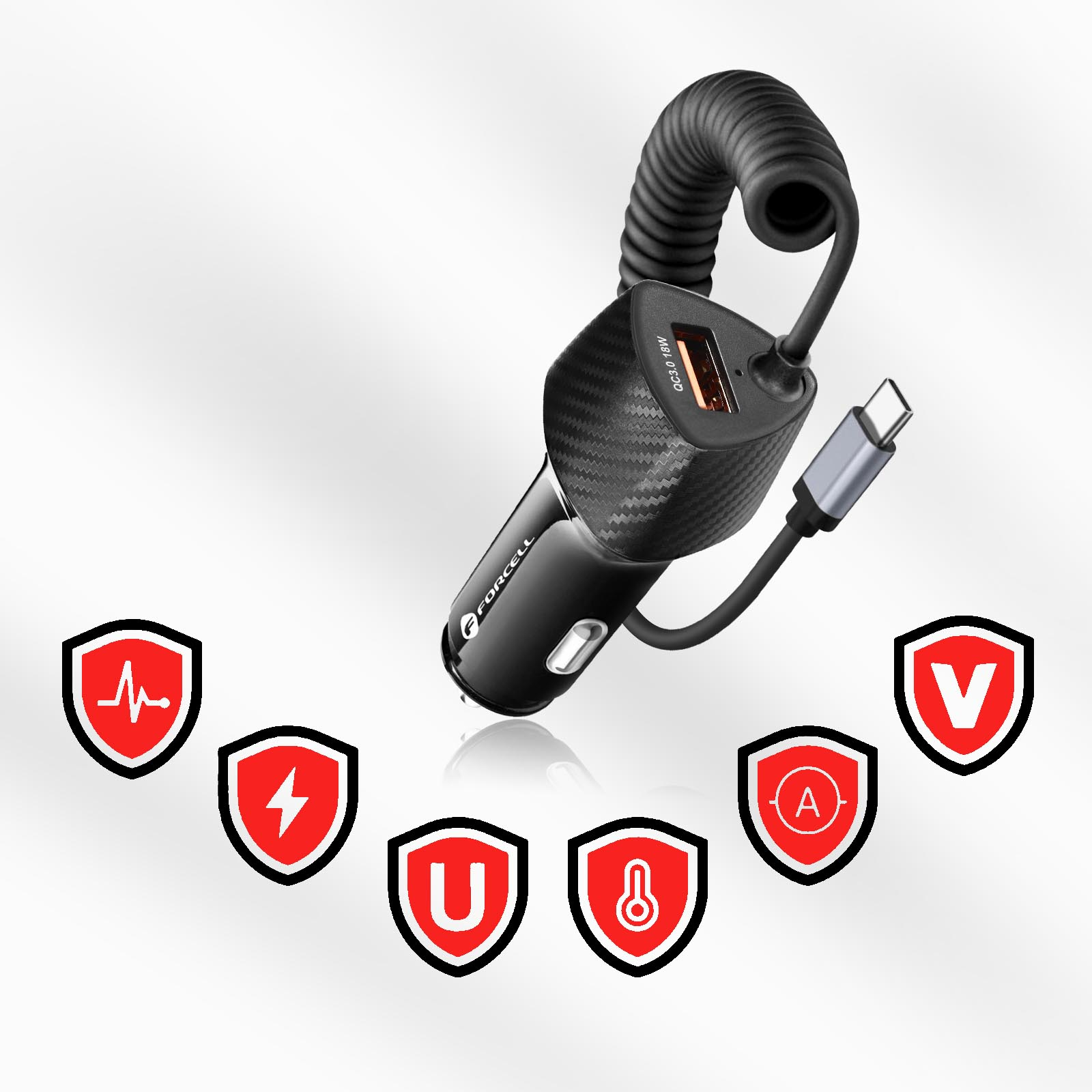 Un adattatore caricatore USB per auto nero con cavo USB-C e icone.