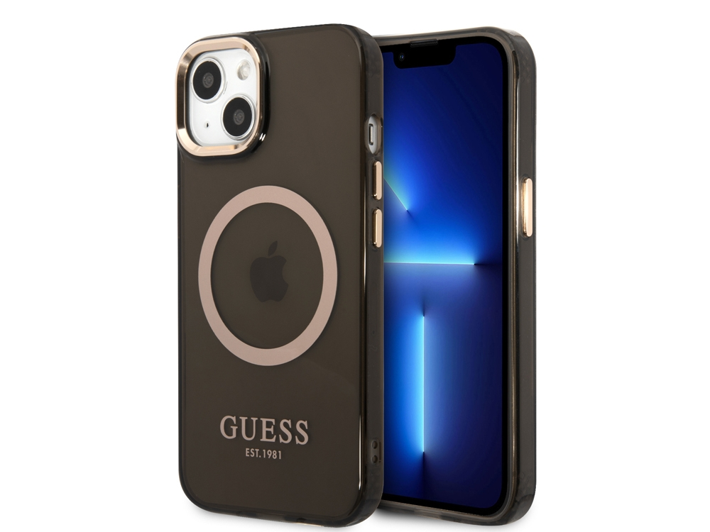 Cover scura per iPhone con anello MagSafe e logo GUESS.