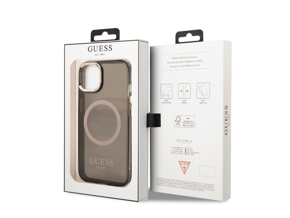 Custodia grigia GUESS per telefono con anello MagSafe in confezione bianca.