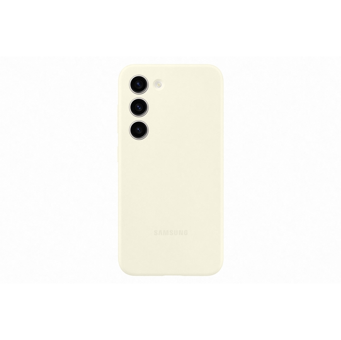 Vista posteriore di un telefono Samsung color crema con tre fotocamere e logo.