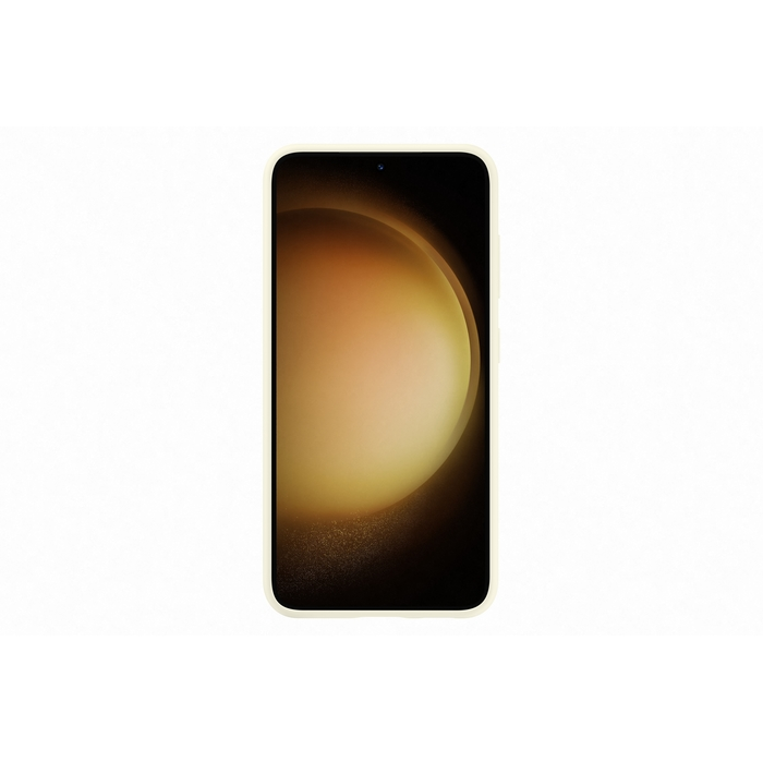 Uno smartphone color crema con schermo scuro che mostra una grafica circolare dorata.