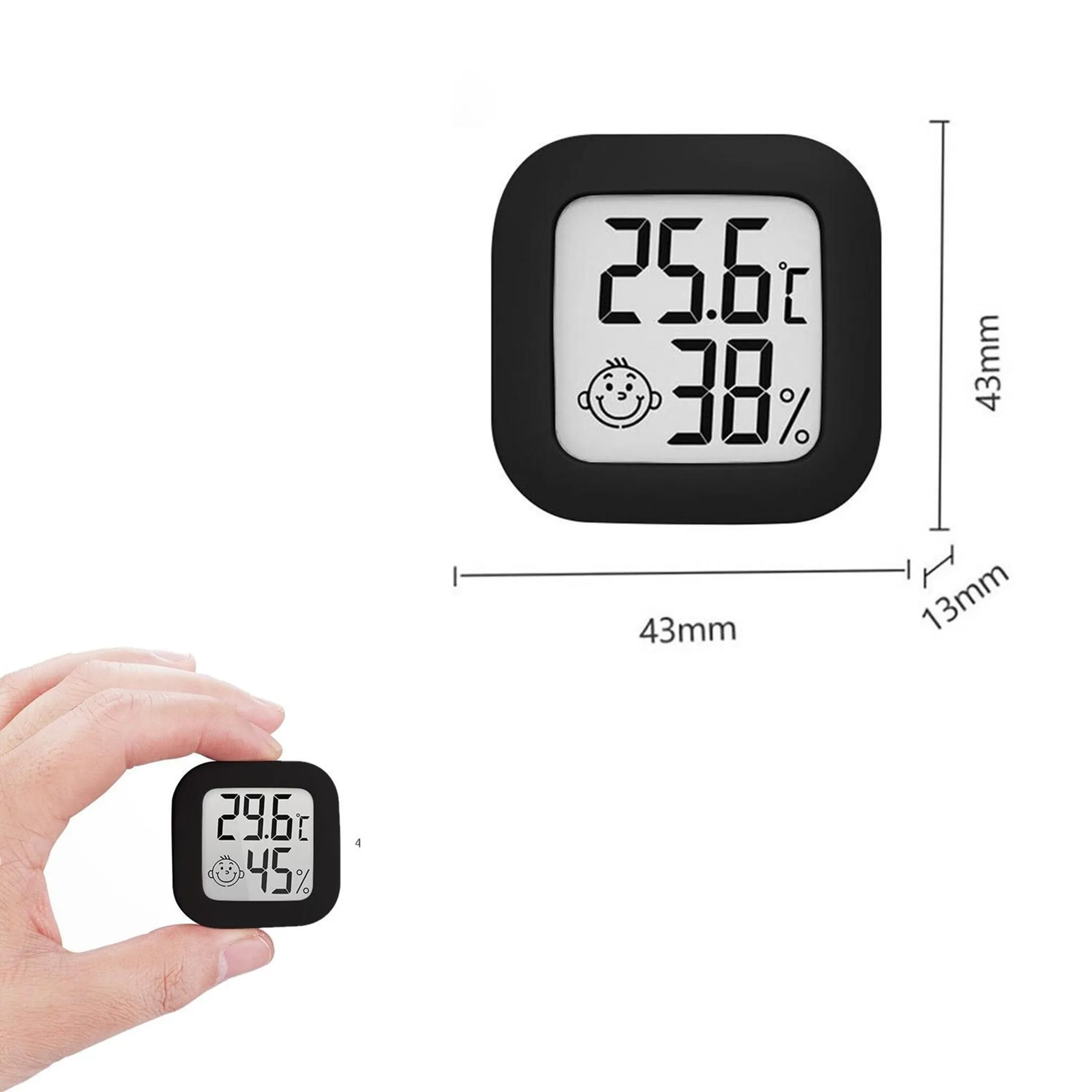 Ein schwarzes digitales Thermo-/Hygrometer zeigt 25,6 °C und 38 % Luftfeuchtigkeit an.
