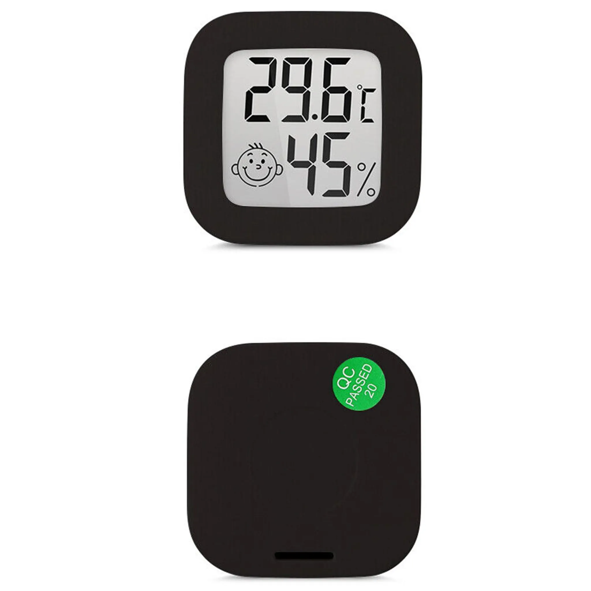 Ein schwarzes Digitalthermometer mit einem Smiley und Anzeige 29.6C und 45%.
