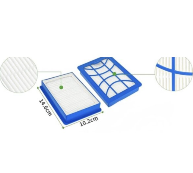 Due filtri rettangolari blu. Dimensioni 14,6 cm x 10,2 cm mostrate.