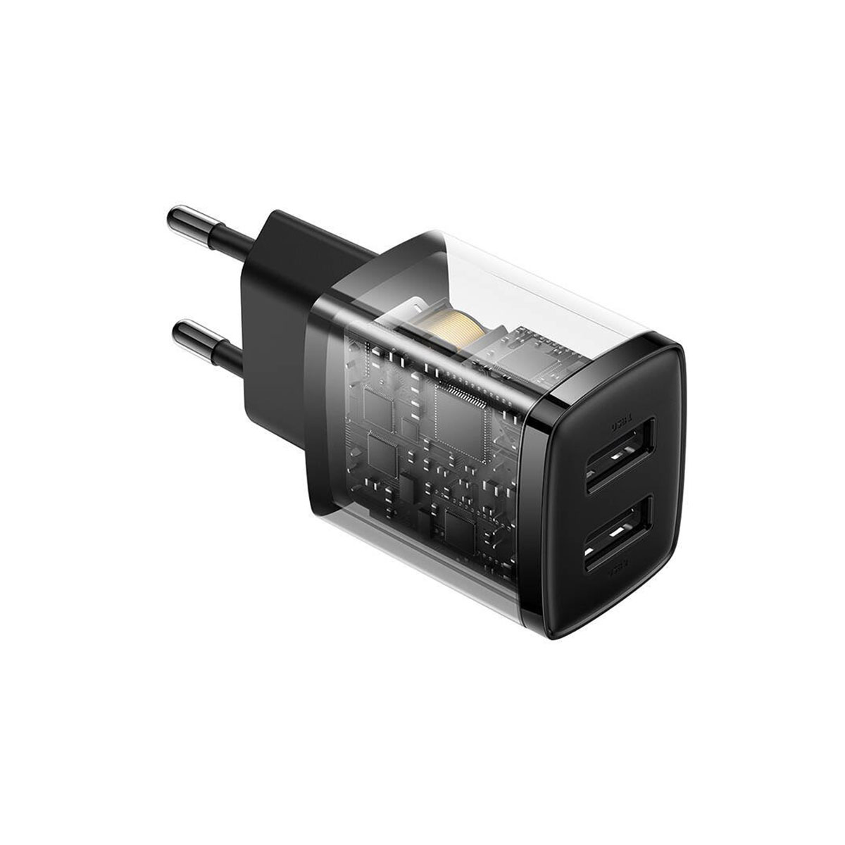 Adattatore caricabatterie USB doppio trasparente con circuito interno visibile e spina UE nera.