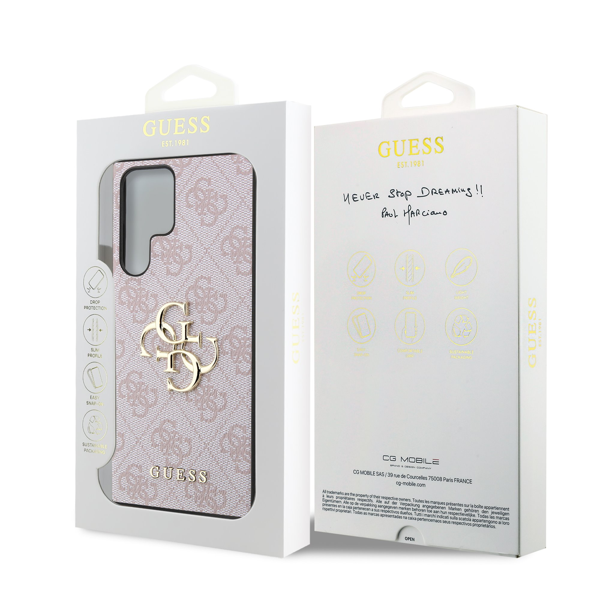 Guess Handyhülle mit Monogramm-Muster und Logo auf Verpackung mit Text.