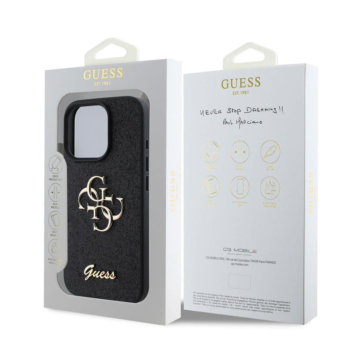 Schwarze Handyhülle mit GUESS-Logo im Karton mit Produktmerkmalen.