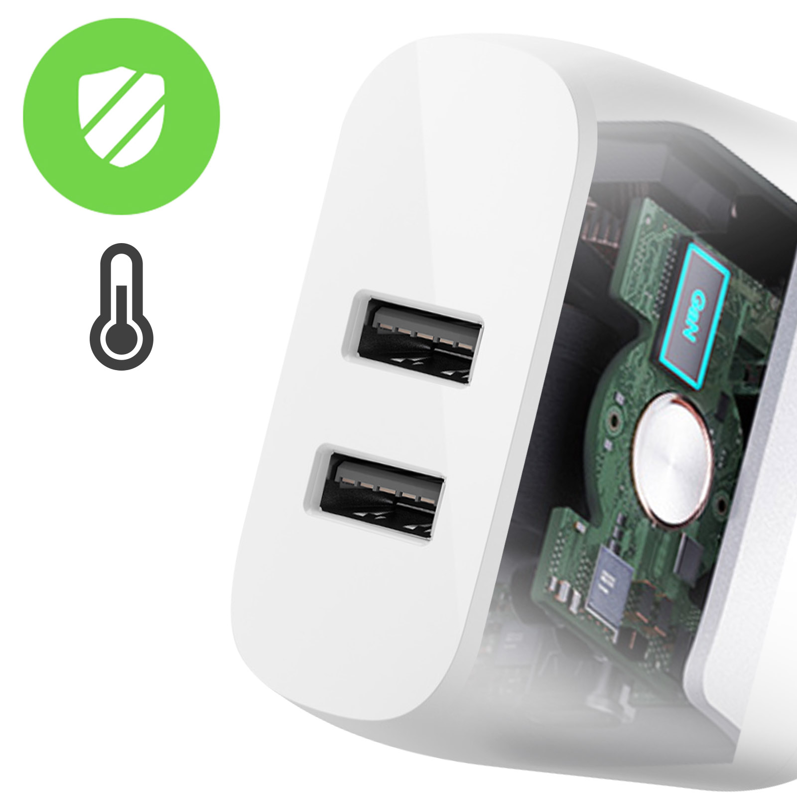 Caricatore USB bianco a doppia porta con vista interna chip GaN.