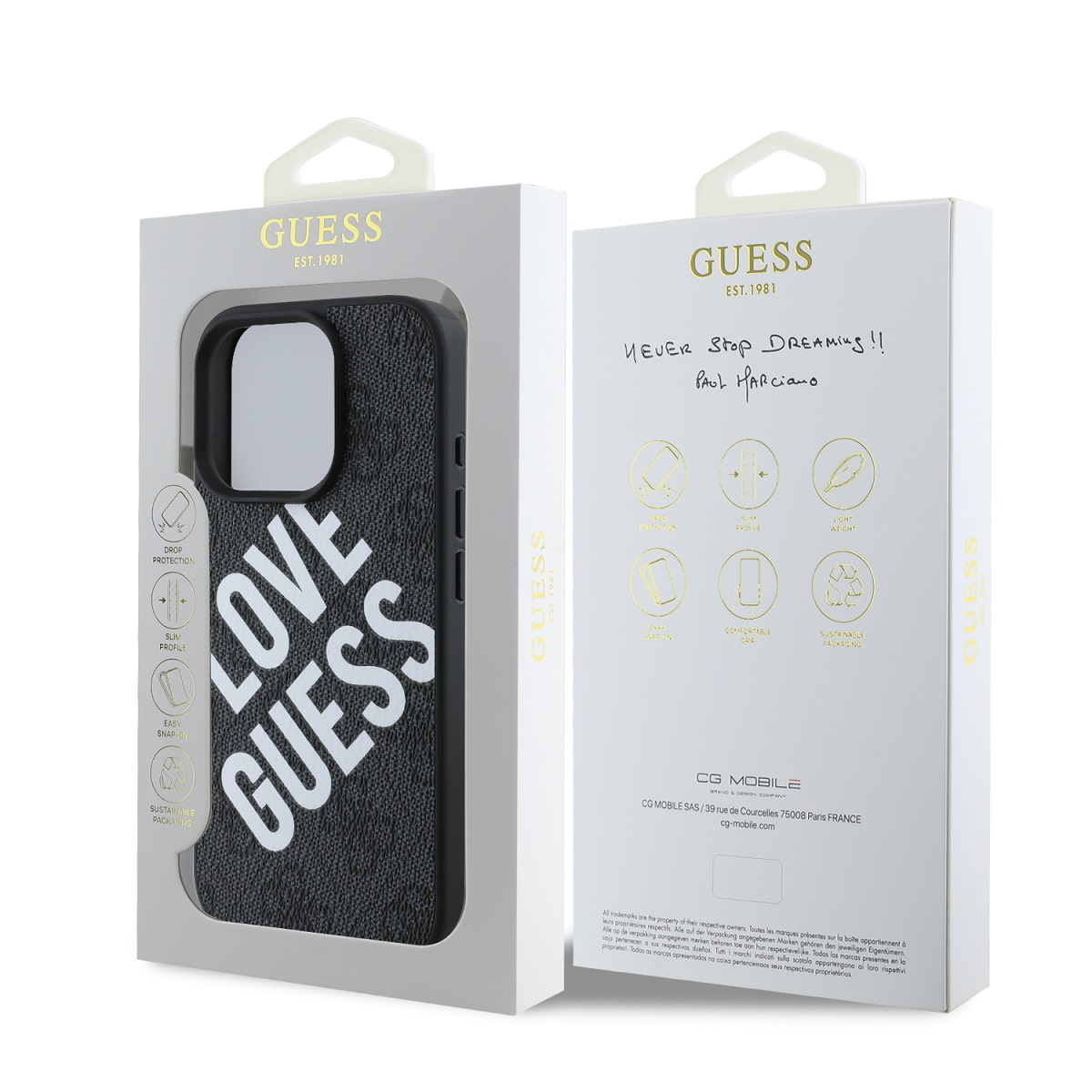 Custodia Guess con stampa 'LOVE GUESS' in confezione con caratteristiche prodotto.